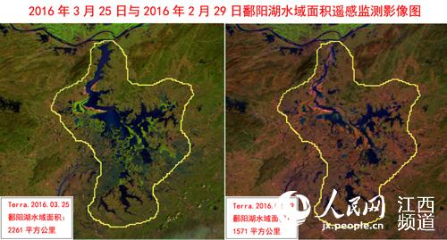2016年3月25日与2016年2月29日鄱阳湖水域面积遥感监测影像图。