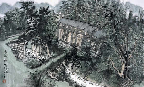 碛口古村2012年 艺术家简历: 何加林,1988年毕业于浙江美术学院中国画系山水专业,先后获文学学士、硕士、博士学位。中国国家画院创研部副主任,博士、硕士生导师。曾任中国美术学院中国画系副主任、教授。系中国美术家协会理事,中国画学会理事,中央美术学院客座教授,中国艺术研究院特聘研究员、客座教授,杭州市美术家协会副主席,杭州画院副院长。获第三届全国中青年德艺双馨文艺工作者称号。 碧溪竹影 2013年 古村拥翠 2013年 古桥藏幄 2013年 古寨幽径 2012年