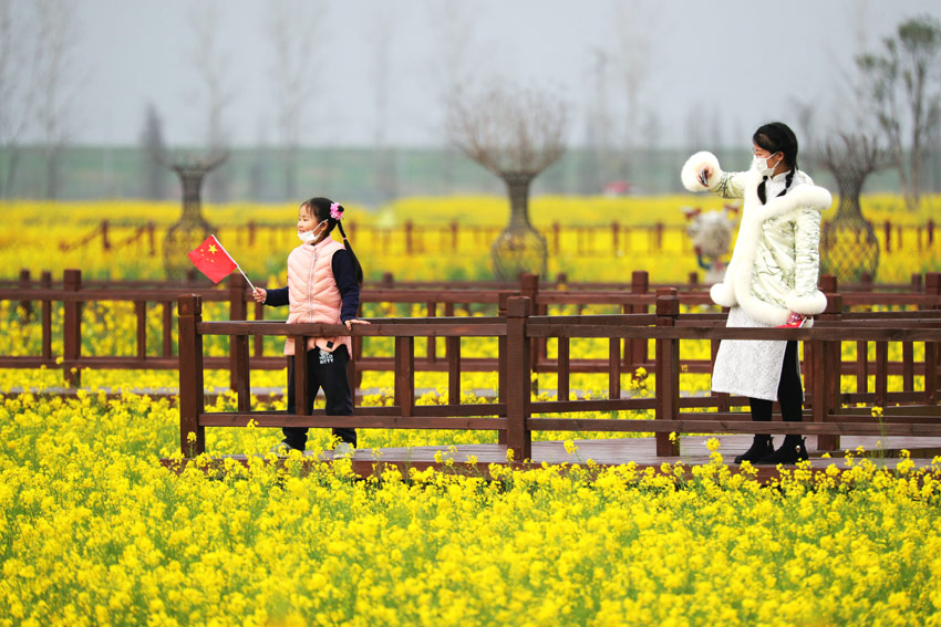 3月7日，南昌市新建區聯圩鎮藍籌頤荷園，市民在千畝油菜花田拍照。