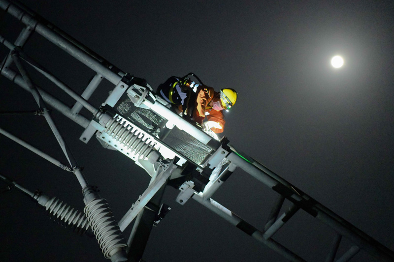 3月11日凌晨，高空作業人員進行防鳥網的安裝。郭鈺祺 攝
