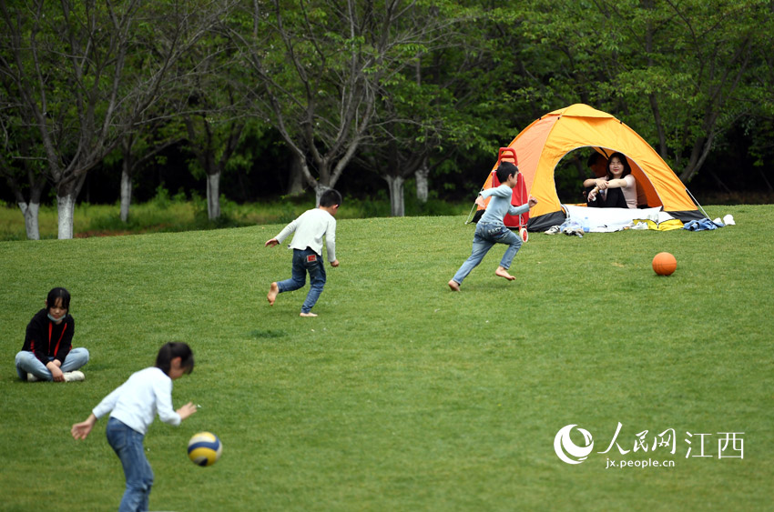 草地上，孩子們在踢球玩耍，家長在一旁的帳篷內靜靜觀看。（時雨/攝）