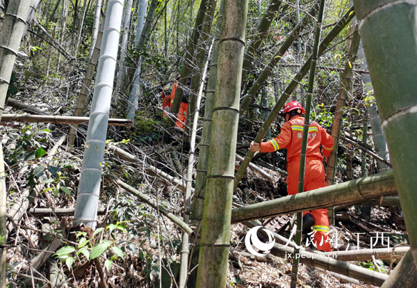 救援人員上山搜救被困游客。（徐濤/攝）