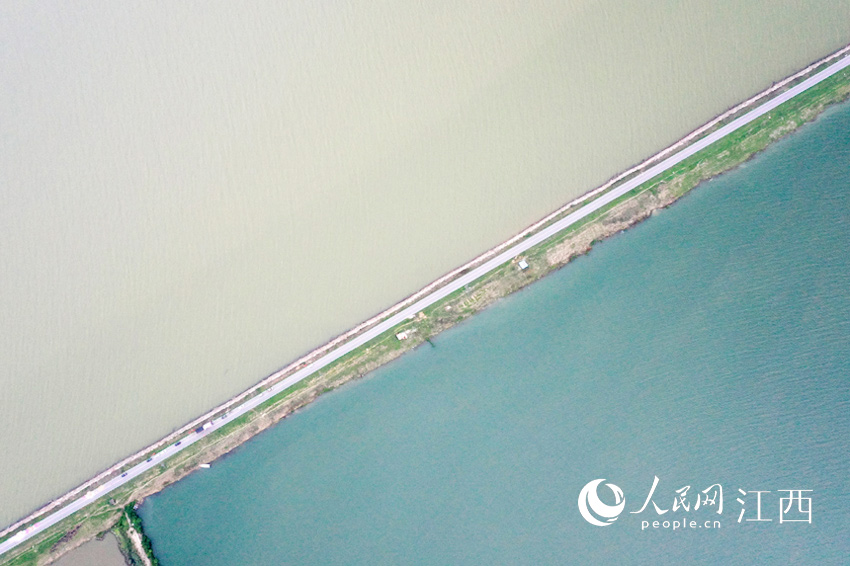 航拍镜头下延绵的珠湖联圩，左上侧为鄱阳湖，右下侧为珠湖。（人民网 时雨/摄）