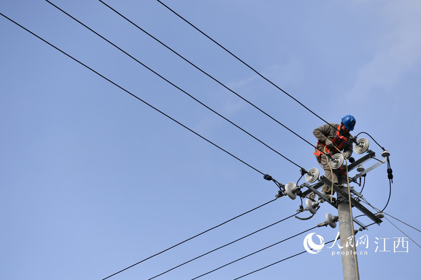 在上高縣新界埠城陂村，黨員電力服務隊的隊員正在電線杆上作業。 人民網 時雨攝