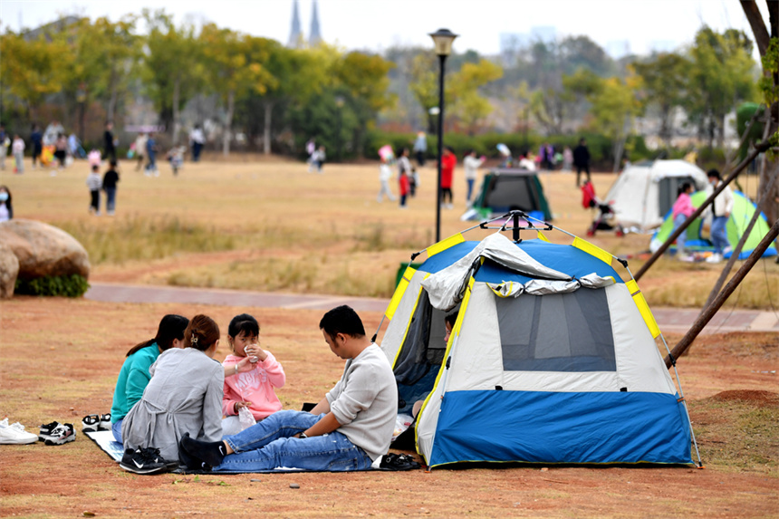 九龙湖公园内，市民在秋日暖阳下惬意休闲。 人民网 时雨摄