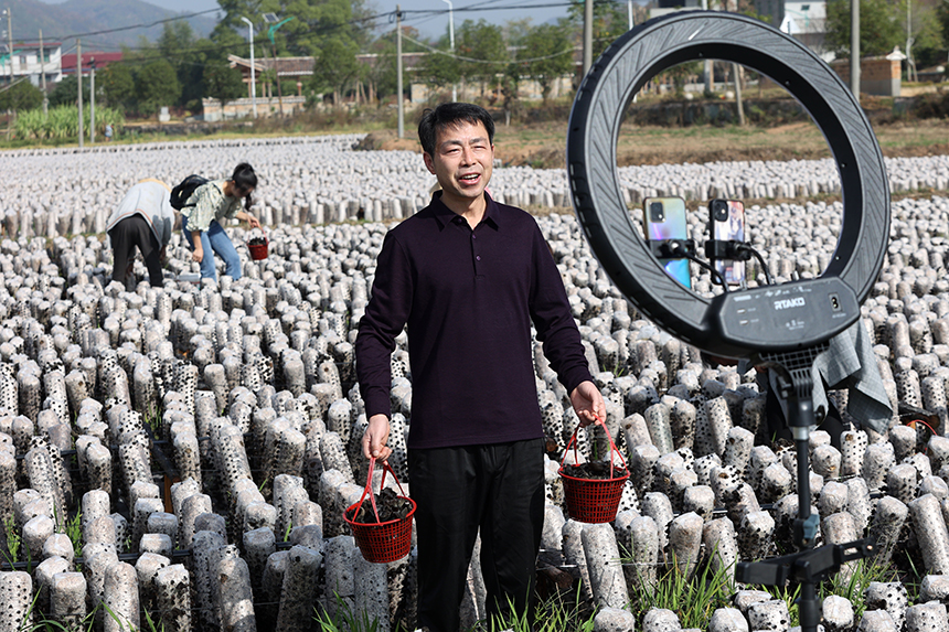 劉建雲在種植基地進行網絡直播，銷售黑木耳。何江華攝