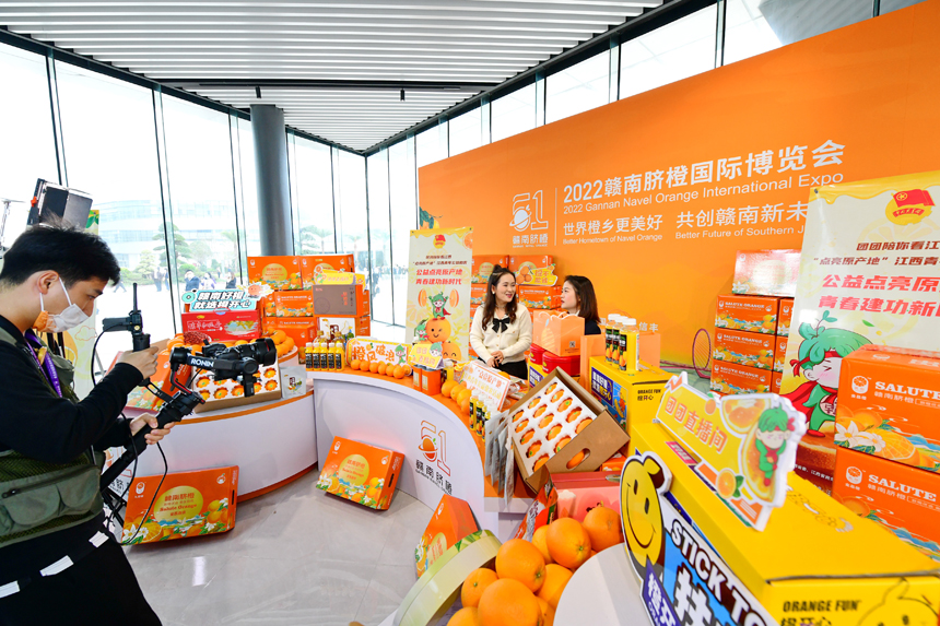 青年助农直播团队在网络平台帮助果农销售赣南脐橙。朱海鹏摄