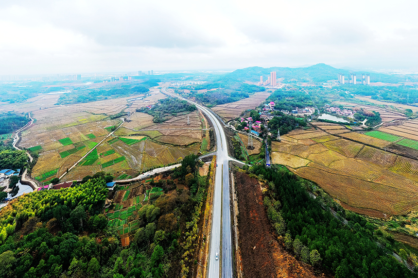 航拍下的共青城市鄉村道路貫穿全境，聯珠成線、交相輝映。況建攝