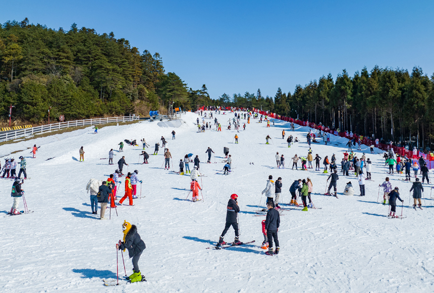 游客们纷纷慕名而来，欣赏绝美风光，体验高山滑雪。陈旅摄