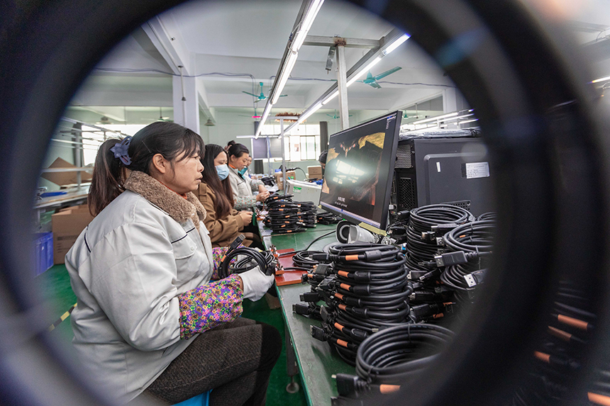 圖為在永新縣一電子企業生產車間內，工人在趕制訂單產品。周亞茂攝