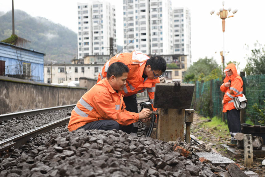 中国铁路南昌局集团有限公司福州电务段职工在大机清筛后为轨道电路换上新的电源线。姜振涛摄