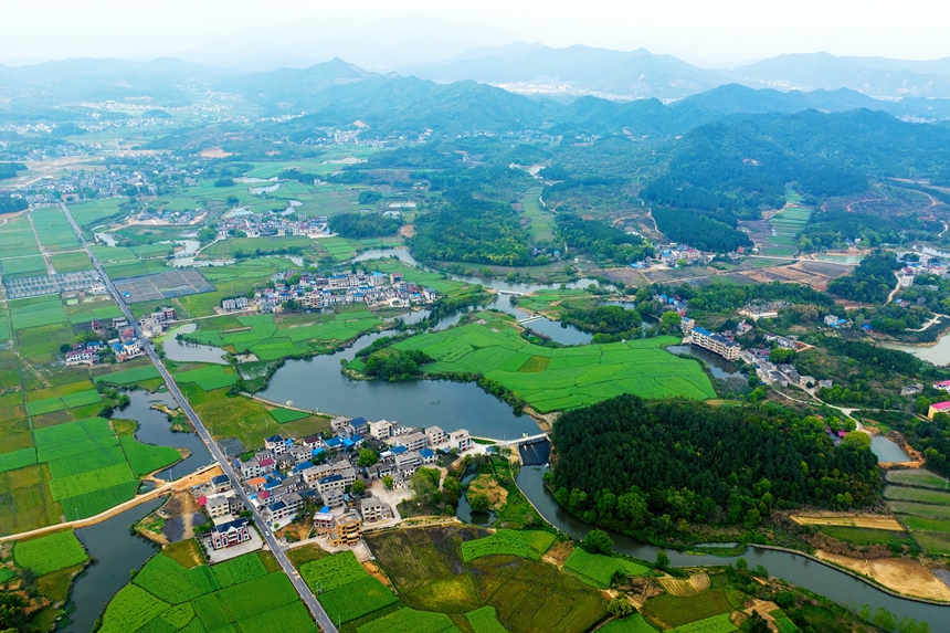 航拍下的江西省共青城市泽泉乡花园村一派生态秀美的山村画卷。况建摄