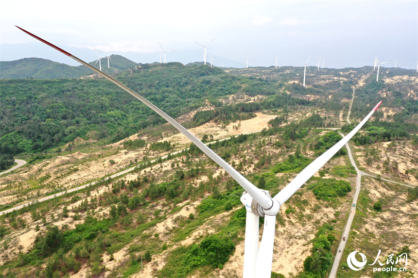 鄱陽湖畔筆架山上風力發電機組的葉片正迎著湖風運轉。 人民網記者 時雨攝