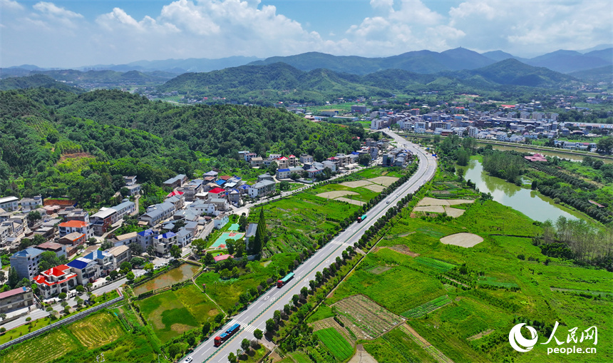 萍鄉市湘東區江口村，車輛行駛在鄉鎮公路上，沿線生態美景怡人。人民網 朱海鵬攝