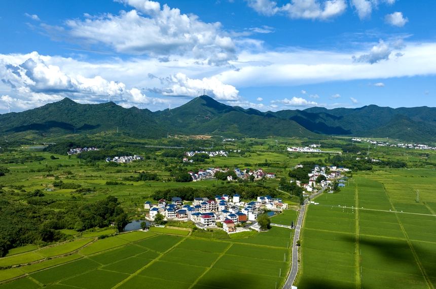 航拍湖口县武山镇武前村，蓝天白云下的村居和粮田相互映衬，构成一幅美丽的乡村画卷。张玉摄