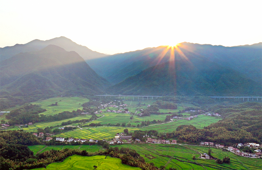 航拍镜头下，由绿转黄的高山生态稻田与山峦、民居相映成景，宛如画卷。何贱来摄