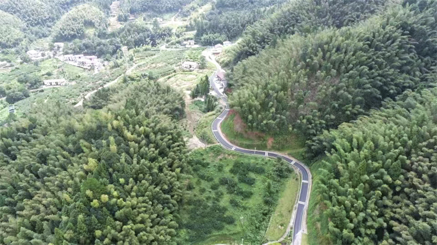 航拍镜头下，江西省吉安市井冈山神山村的通村公路在青山间蜿蜒。 王江舟摄