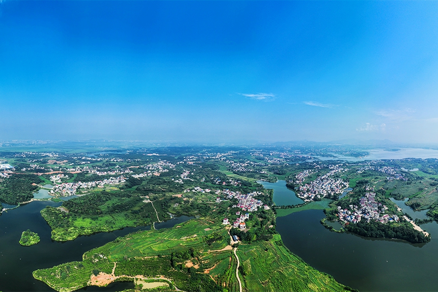 航拍鏡頭下的江西共青城市蘇家垱鄉，美景如畫。潘成攝