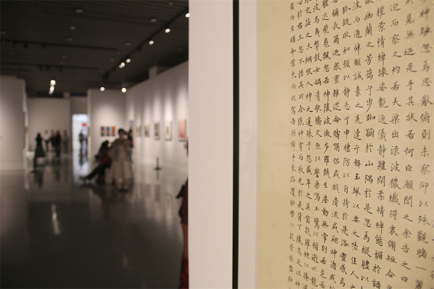 江西省举行教育美术书法作品展，图为市民观看书法作品。 蔡骁摄