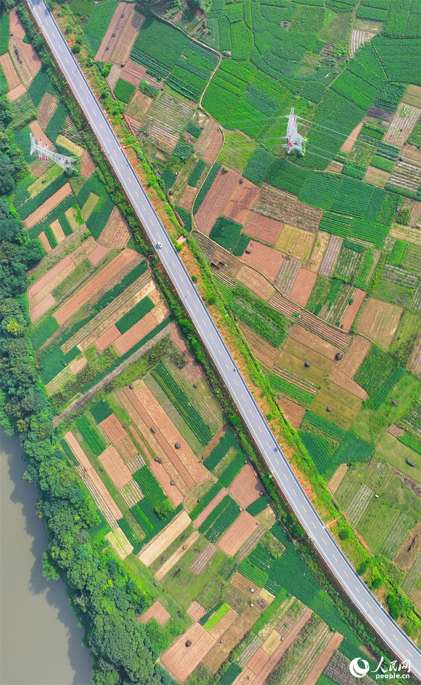 汽車行駛在通鄉公路上，兩旁田園色彩斑斕，美不勝收。朱海鵬攝