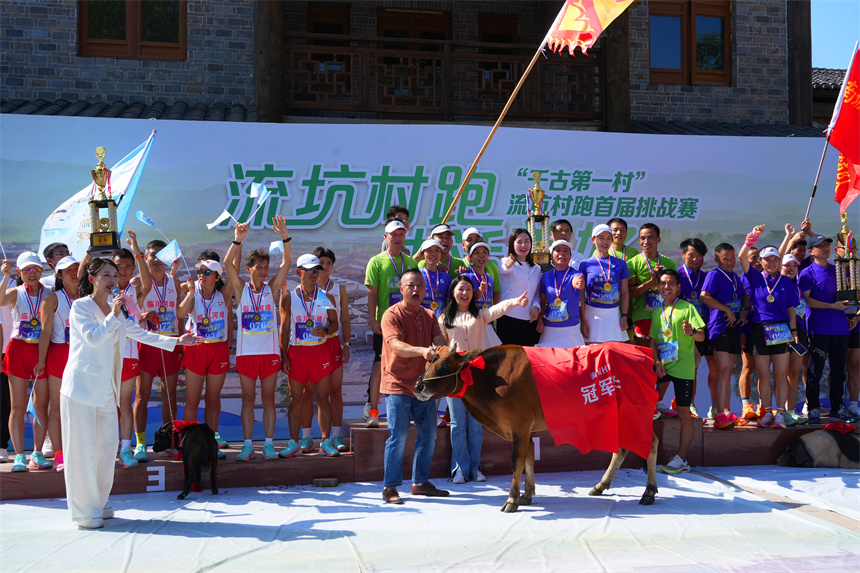 “村跑”頒獎儀式上，前三名參賽代表隊獲得牛、羊、花豬等特色獎品。 徐虔陽攝