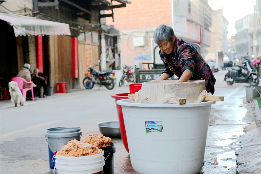 村民正利用晴好天气，打浆、过滤红薯粉。徐维栋摄