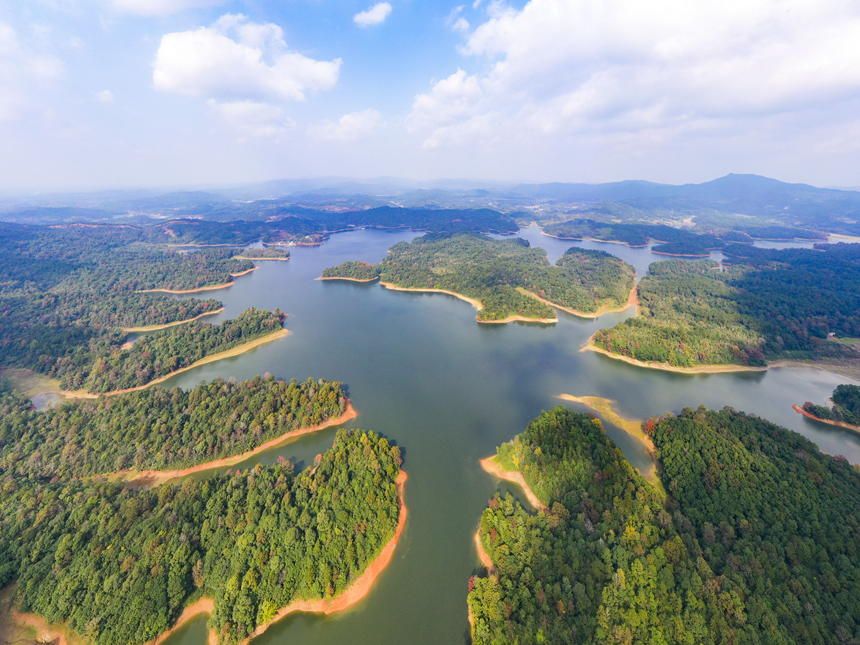 航拍江西省抚州市南丰县太源乡潭湖湿地公园，草木葱郁，美景如画。谢东摄