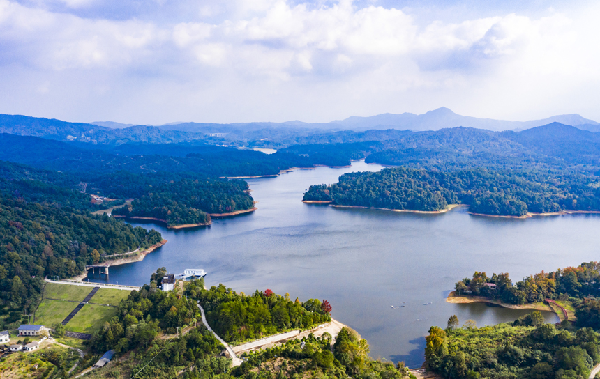 航拍江西省抚州市南丰县太源乡潭湖湿地公园，草木葱郁，美景如画。谢东摄
