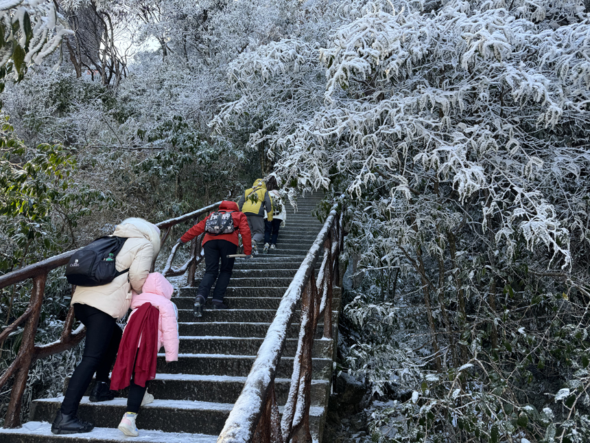 在雪景中，游客紛紛拍照留念。 王元星攝