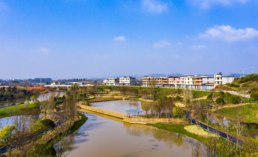 南丰县洽湾镇小微湿地公园，村民在健身步道上观景、游玩、健身。谢东摄