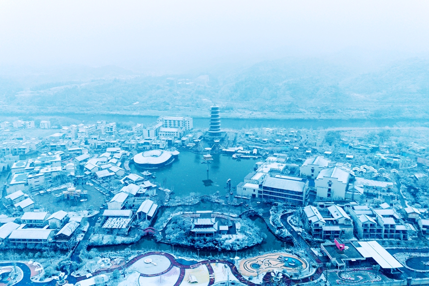 婺女洲景區雪景美如畫（無人機照片）。江福民攝