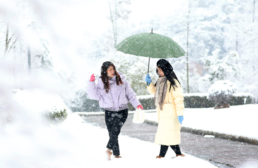 江西省宜春市上高縣鏡山公園內，市民正在賞雪景、享雪趣。陳旗海攝