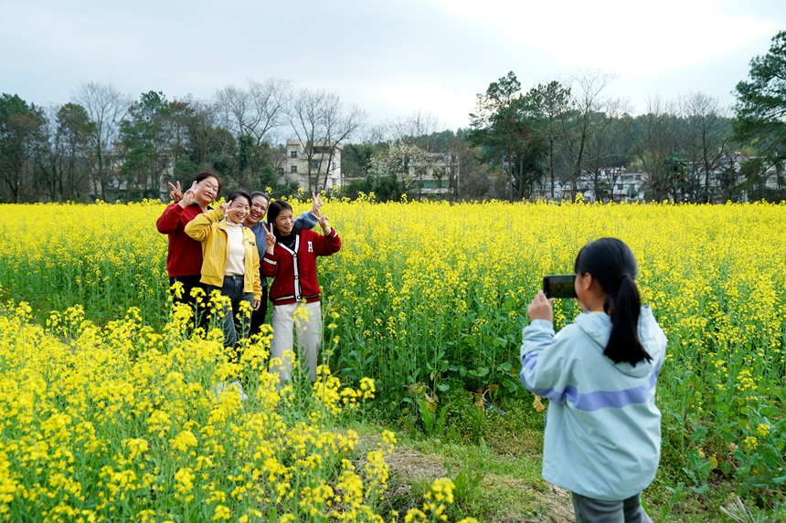 游客在油菜花田中拍照。刘兆春摄