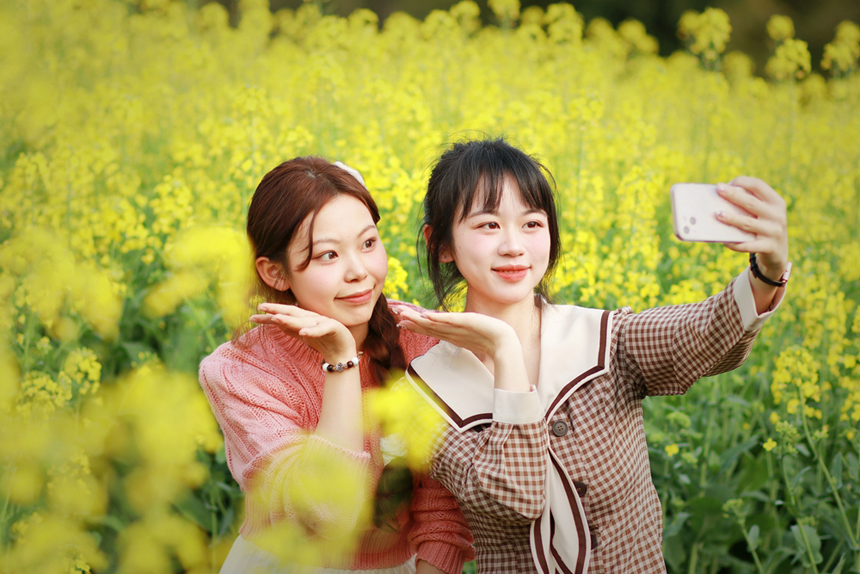 游客在油菜花田中拍照。李禹洪摄