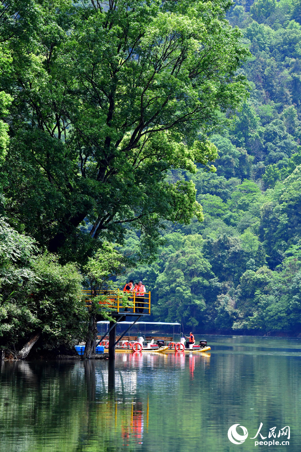 永修县龙源峡景区，游客们在亲水平台上观赏山水美景。 人民网记者 时雨摄