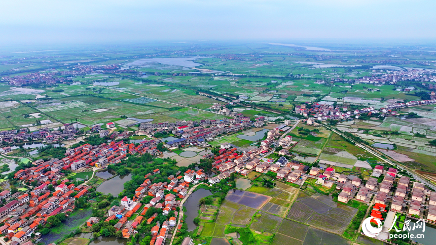 空中俯瞰南昌县塘南镇张溪村，一栋栋白墙红瓦的农房与田园阡陌、绿树碧水相互映衬，乡村美景宜人。人民网 朱海鹏摄