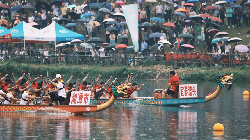 參賽的龍舟賽代表隊正奮力比拼。湘東區宣傳部供圖