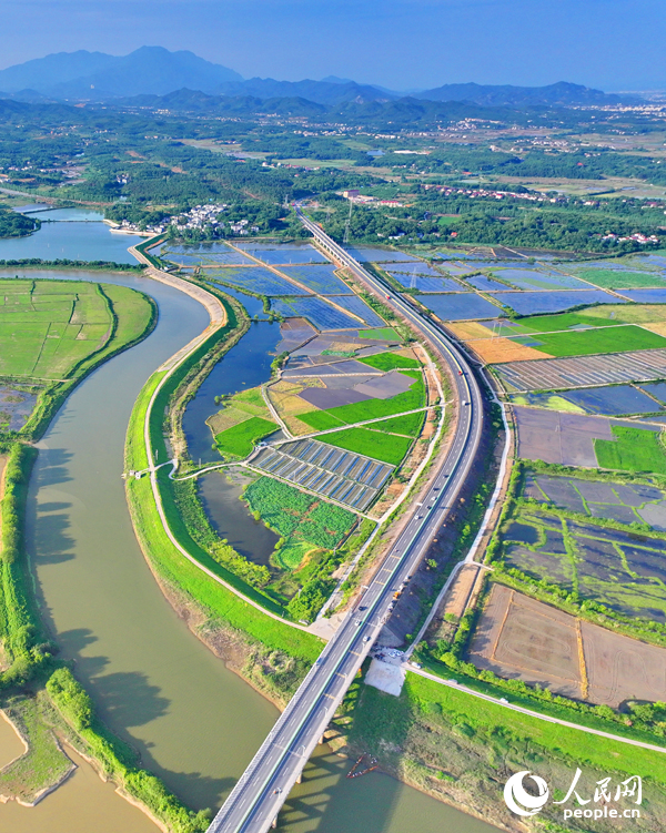 共青城市金湖鄉，公路串聯城鄉村組，與沿線河流樹木、農田魚塘相映成景。人民網 朱海鵬攝