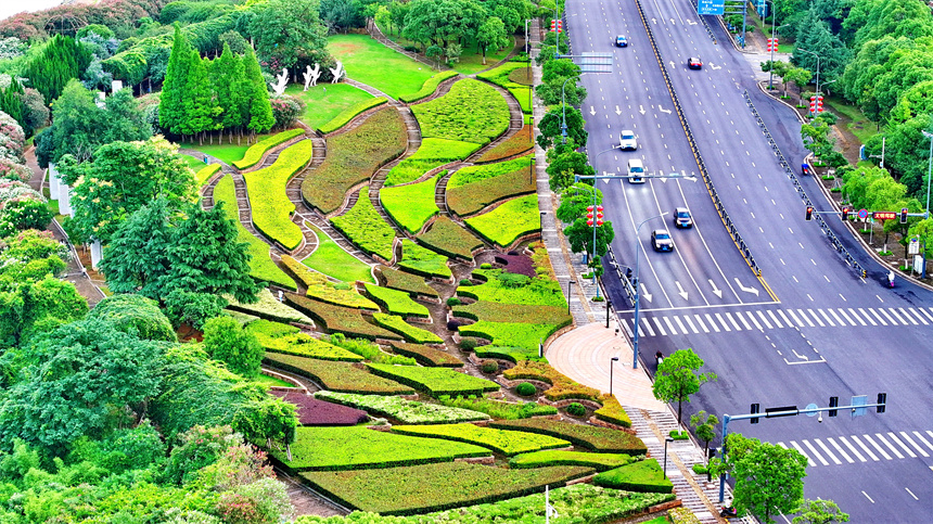 南昌市紅谷灘區的一處“口袋公園”，沿江濕地景色優美，樹木綠意盎然，不少市民在公園裡游玩。人民網 朱海鵬攝