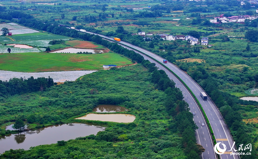 抚州市南丰县洽湾镇西坪村，昌福高铁列车、济广高速车辆穿境而过，沿线乡村田园、草木郁郁葱葱，美景如画。人民网 朱海鹏摄