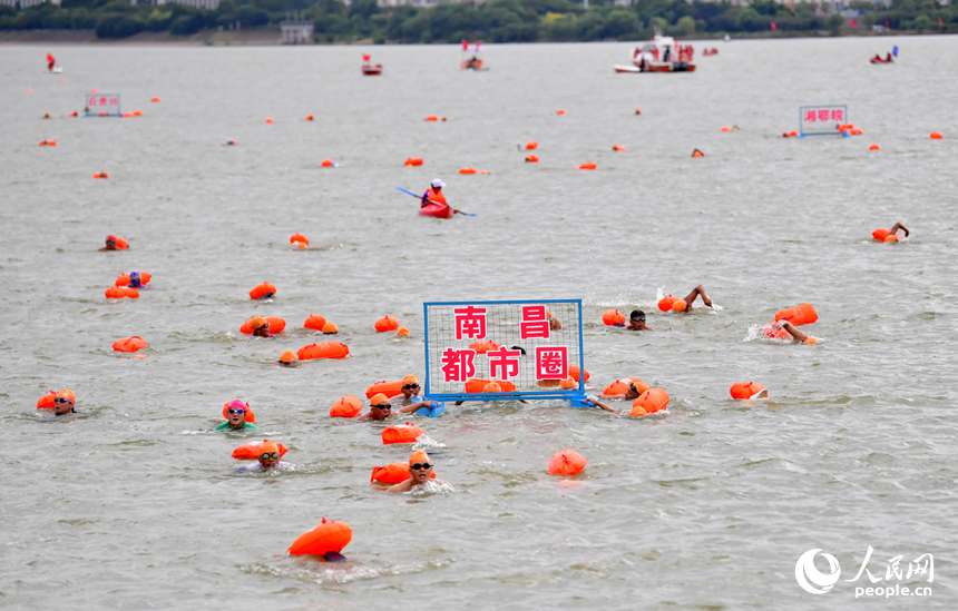 贛江中各代表隊的游泳方陣。人民網記者 時雨攝