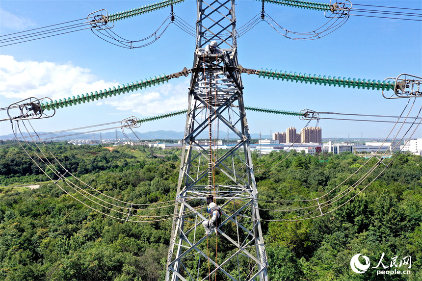 電網檢修工通過“小飛人”到達消缺作業點。人民網記者 時雨攝