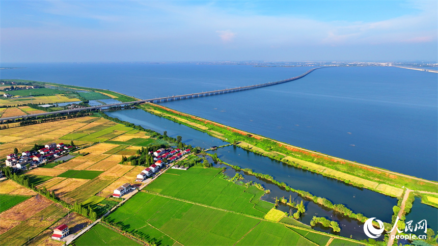 南昌市南昌縣涇口鄉，杭長高速公路上的車輛穿村而過，沿途田園廣袤、碧波萬頃，美景如畫。人民網 朱海鵬攝