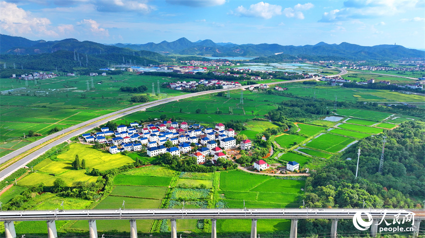 在建的東臨環城高速公路與農房、青山、綠樹、田壟相映成景，鄉村和美如畫。人民網 朱海鵬攝