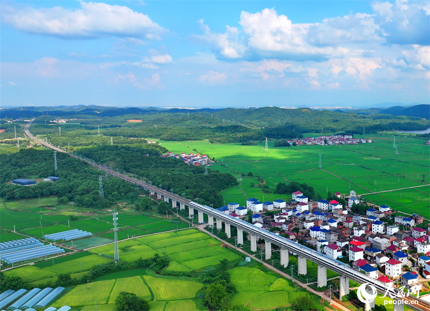 在建的東臨環城高速公路與農房、青山、綠樹、田壟相映成景，鄉村和美如畫。人民網 朱海鵬攝