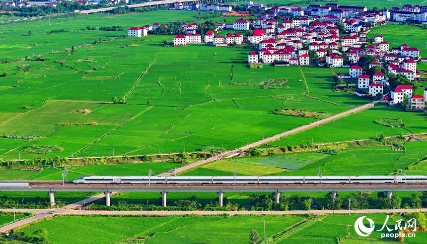 抚州市东乡区邓家乡古圩村，高速公路和高速铁路穿村而过，与沿线乡村农房、稻田相映成景。人民网 朱海鹏摄