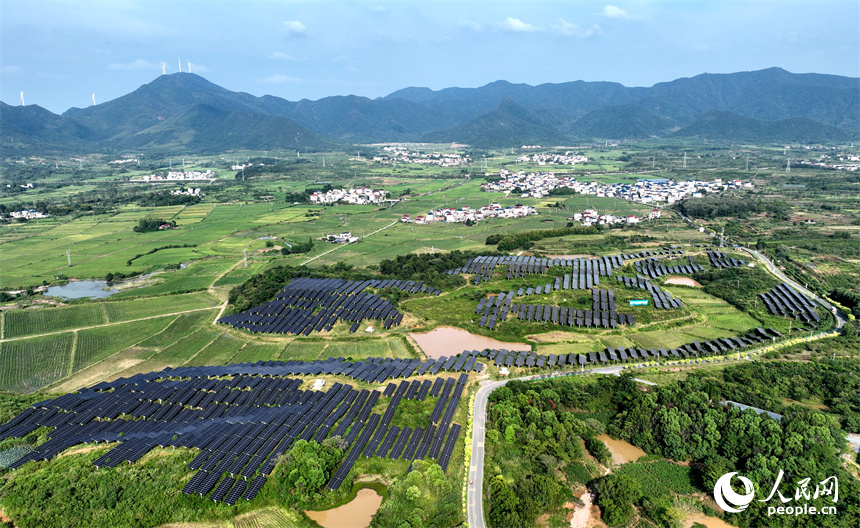 光伏板與周邊的村庄、綠色的稻田和遠山上的風力發電機相映成趣。鄭飛華攝