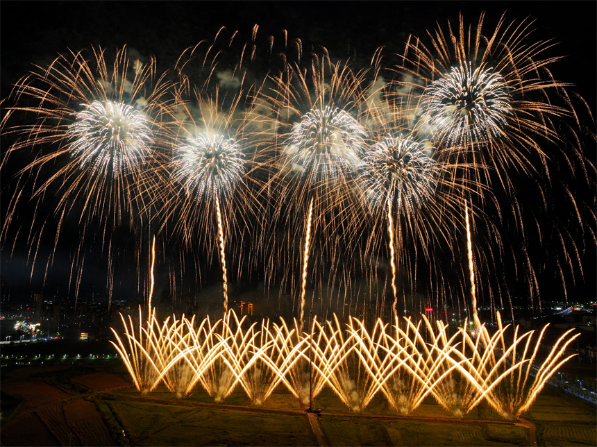 上栗的夜空被五彩斑斕的煙花點亮。上栗縣委宣傳部供圖