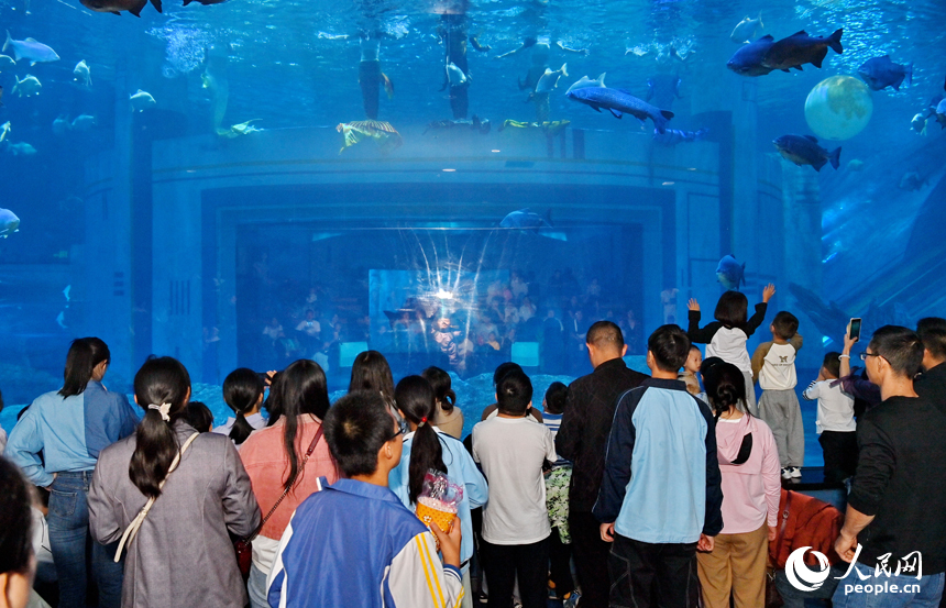 九江市湖口縣江豚灣的長江鄱陽湖水生生物保護基地，許多游客在水族館觀賞水生物。人民網 朱海鵬攝