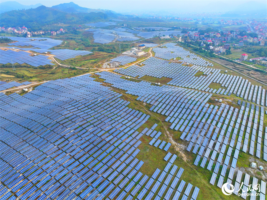 萍鄉市蓮花縣良坊鎮西潭坳50兆瓦光伏電站項目，一排排光伏發電板連片分布。人民網 朱海鵬攝